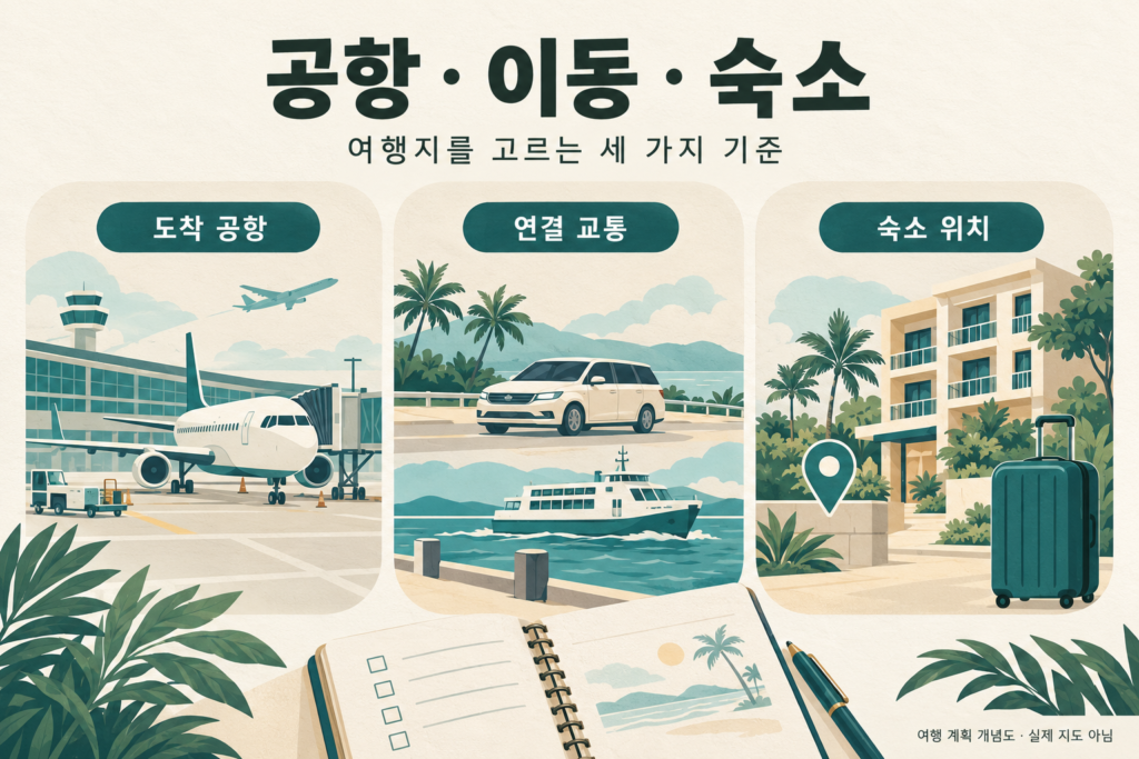 도착 공항, 차량·배 등의 연결 교통, 숙소 위치를 나란히 비교하는 여행 계획 개념도