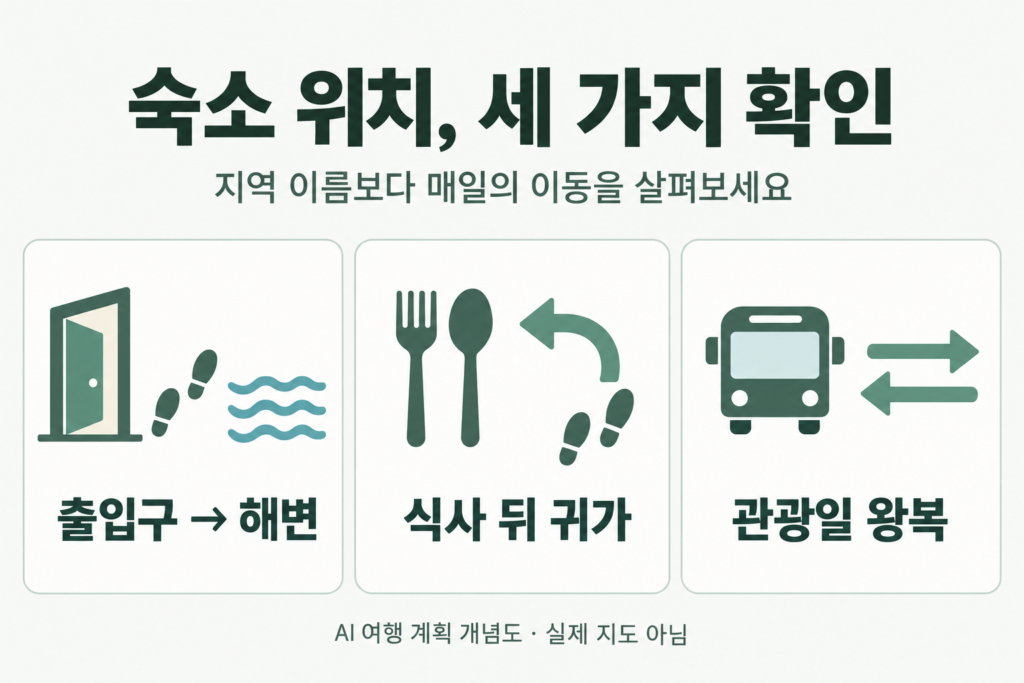 숙소 출입구와 해변 진입로, 식사 후 귀가, 관광일 왕복 이동을 점검하는 세 부분의 개념도